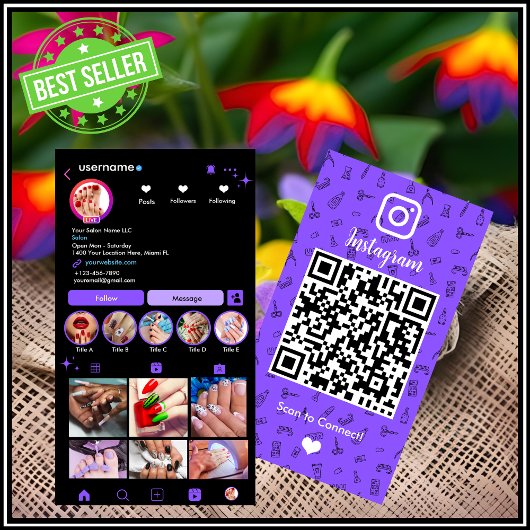 Instagram Nail Salon Purple | ソーシャルメディアQRコード 名刺