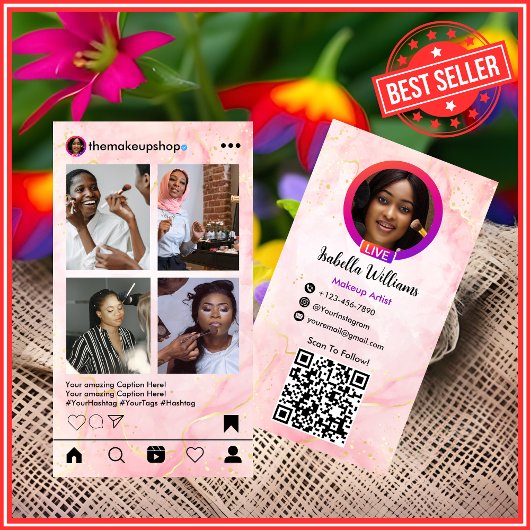 Instagram POSTメイクアップアーティストピンクマーブルQRコード 名刺