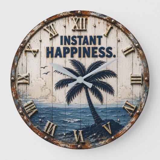 Instant Happiness Coastal Beach House Palm Tree ラージ壁時計 (正面)