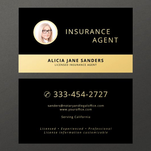 Insurance agent black gold professional photo 名刺