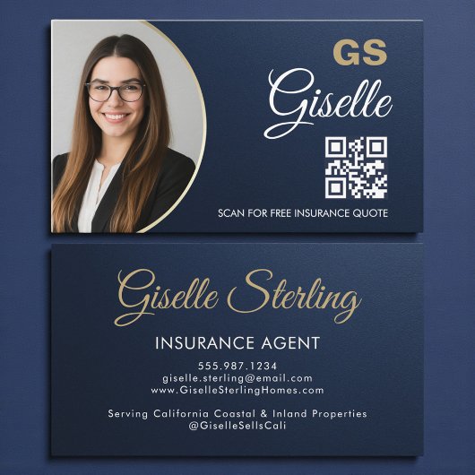 Insurance Agent Navy Blue Gold Photo Metallic 名刺