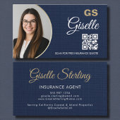 Insurance Agent Navy Blue Gold Photo QR Code Linen 名刺