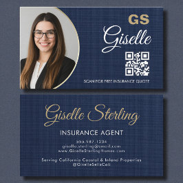 Insurance Agent Navy Blue Gold Photo QR Code Linen 名刺