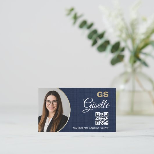 Insurance Agent Navy Blue Gold Photo QR Code Linen 名刺 (スタンド正面)