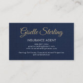 Insurance Agent Navy Blue Gold Photo QR Code Linen 名刺 (裏面)