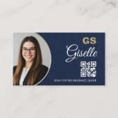 Insurance Agent Navy Blue Gold Photo QR Code Linen 名刺 (正面)