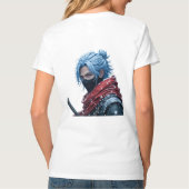 Intense Blue-Haired Swordsman in Snowy Setting Por Tシャツ (裏面)