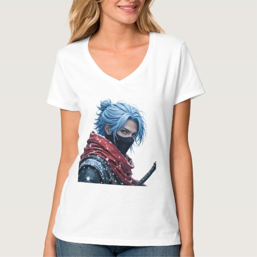 Intense Blue-Haired Swordsman in Snowy Setting Por Tシャツ (正面)