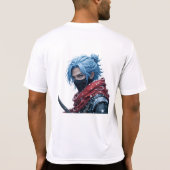 Intense Blue-Haired Swordsman in Snowy Setting Por Tシャツ (裏面)