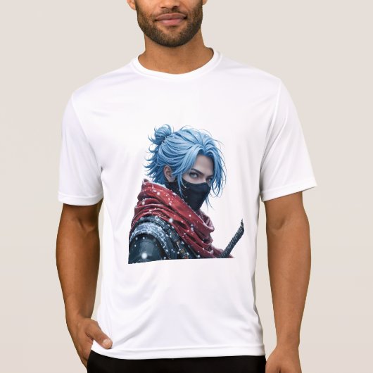 Intense Blue-Haired Swordsman in Snowy Setting Por Tシャツ (正面)