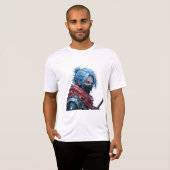 Intense Blue-Haired Swordsman in Snowy Setting Por Tシャツ (正面フル)