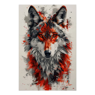 Intense red wolf with striking abstract elements.  ポスター