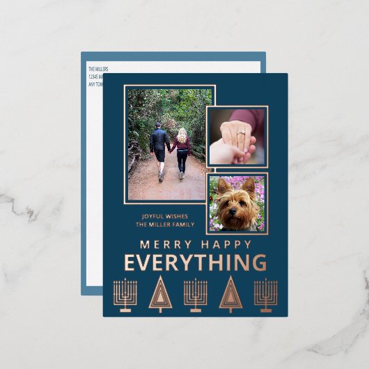 Interfaith 3 Photo Simple Modern Navy Rose Gold 箔シーズンポストカード (正面/裏面)