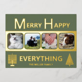 Interfaith 4 Photo Simple Modern Green Gold 箔シーズンポストカード (正面)