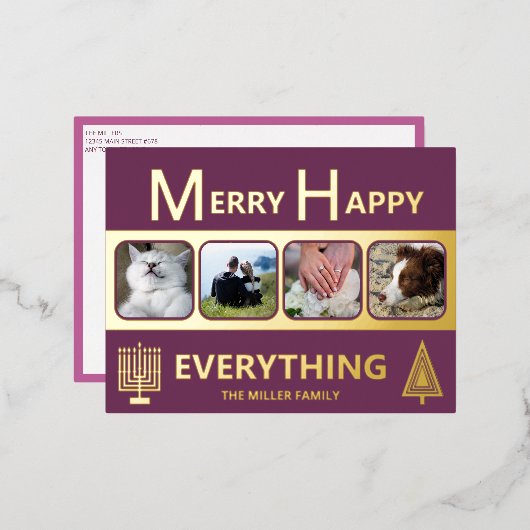 Interfaith 4 Photo Simple Modern Purple Gold 箔シーズンポストカード (正面/裏面)