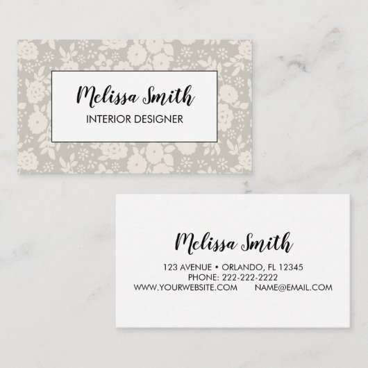 Interior Design Floral Pattern Gray Business Card 名刺 (正面/裏面)