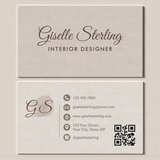 Interior Designer Beige Linen Elegant QR Code 名刺