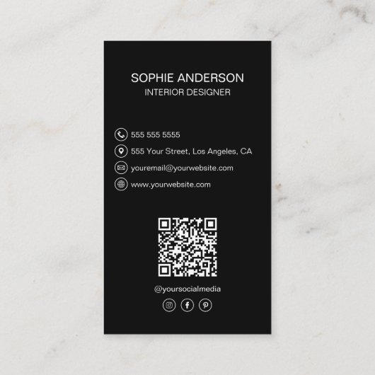 Interior Designer Logo Photo QR Social Media Black 名刺 (裏面)