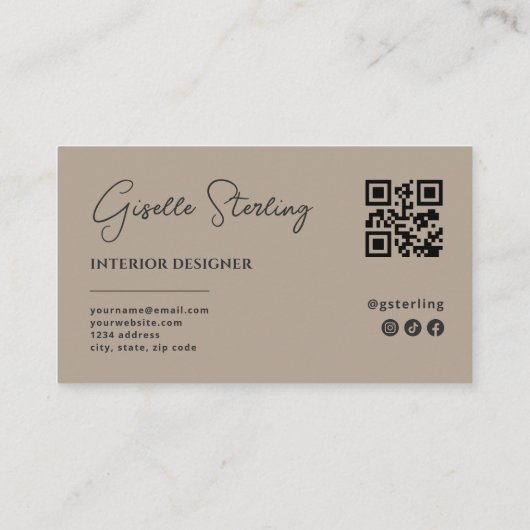 Interior Designer Neutral Taupe Script QR Code 名刺 (裏面)