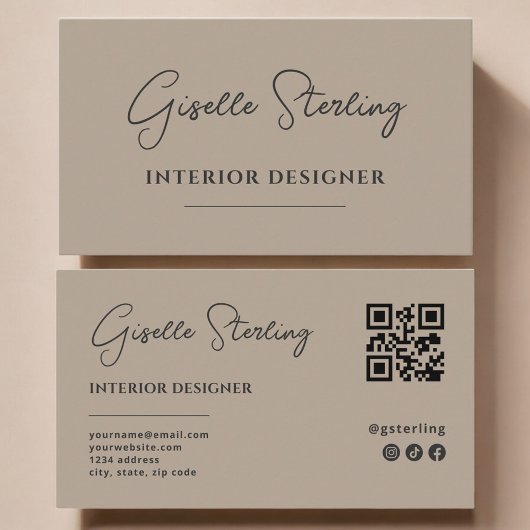 Interior Designer Neutral Taupe Script QR Code 名刺