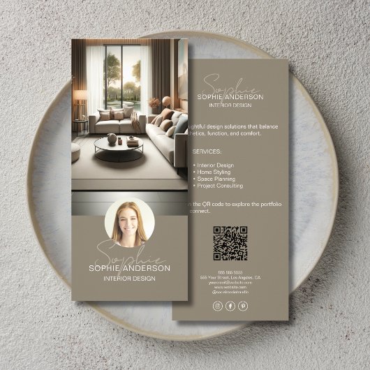 Interior Designer Script Name Photo QR Taupe ラックカード