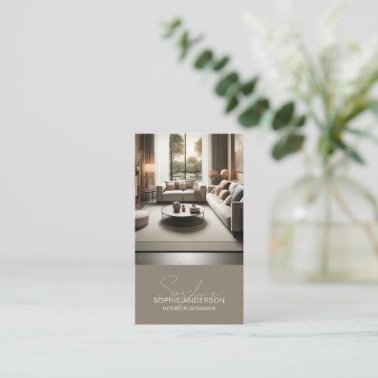 Interior Designer Script Name Photo QR Taupe 名刺 (スタンド正面)