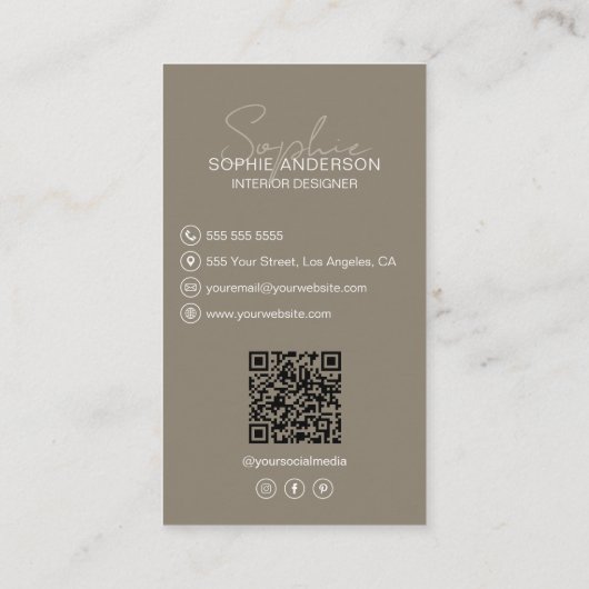 Interior Designer Script Name Photo QR Taupe 名刺 (裏面)