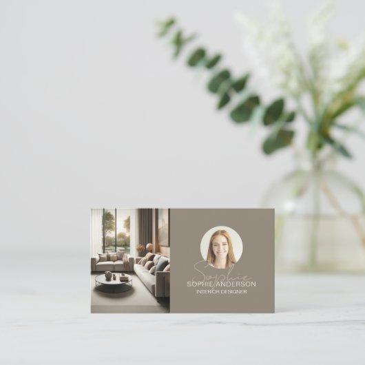 Interior Designer Script Name Photo QR Taupe 名刺 (スタンド正面)