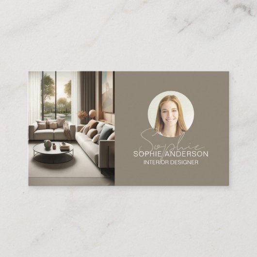 Interior Designer Script Name Photo QR Taupe 名刺 (正面)