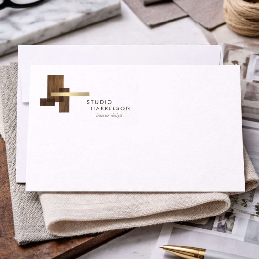 Interior Designer Wood Gold Logo Flat Notecard ノートカード