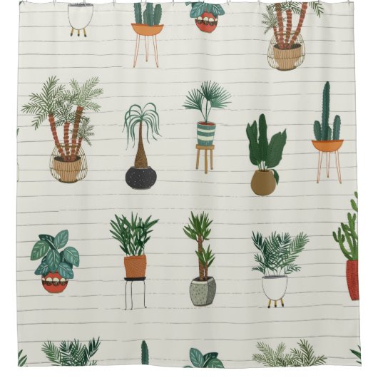interior home plants seamless hand drawn pattern シャワーカーテン (正面)
