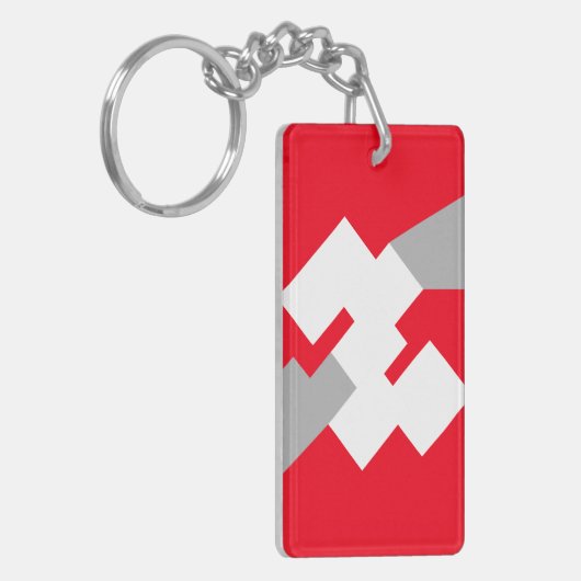 Interlocking White Squares on a Red Background キーホルダー (正面左)