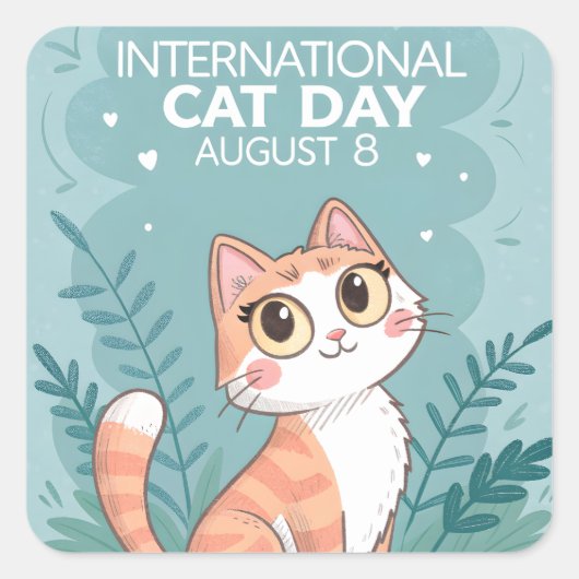 International Cat Day Cute Whimsical Cat Art スクエアシール (正面)