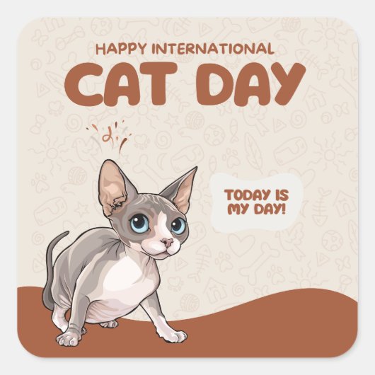 International Cat Day Sphynx Celebration Art スクエアシール (正面)