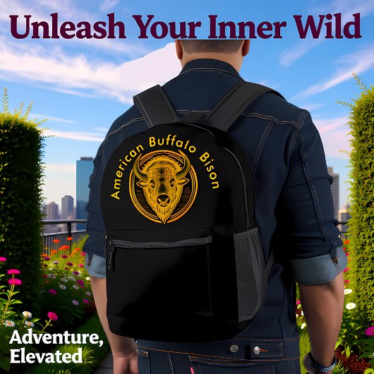 Intricate Bison Buffalo Head Illustration プリントバックパック