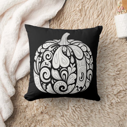 Intricate Black and White Pumpkin Art – Halloween  クッション (ブランケット)