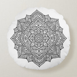 Intricate Black Line Mandala Art ラウンドクッション