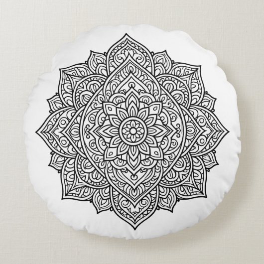 Intricate Black Line Mandala Art ラウンドクッション (正面)