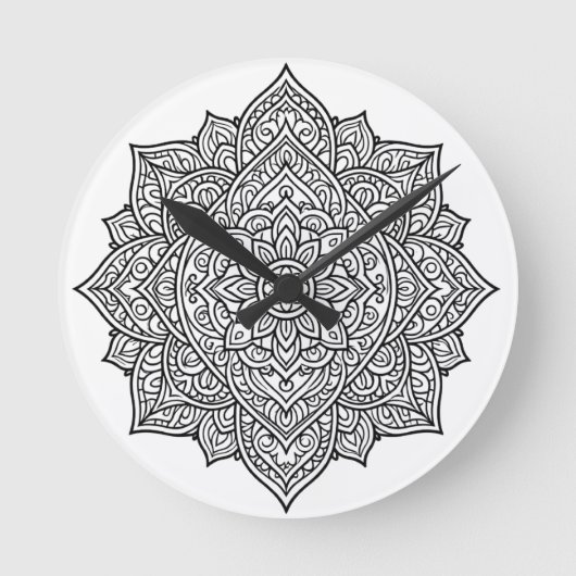 Intricate Black Line Mandala Art ラウンド壁時計 (正面)