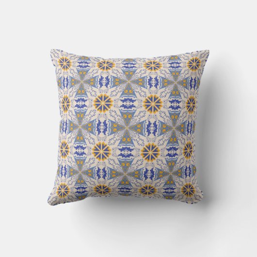 intricate blue and yellow geometric patterns クッション (裏面)