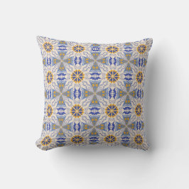 intricate blue and yellow geometric patterns クッション