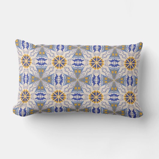 intricate blue and yellow geometric patterns ランバークッション (正面)