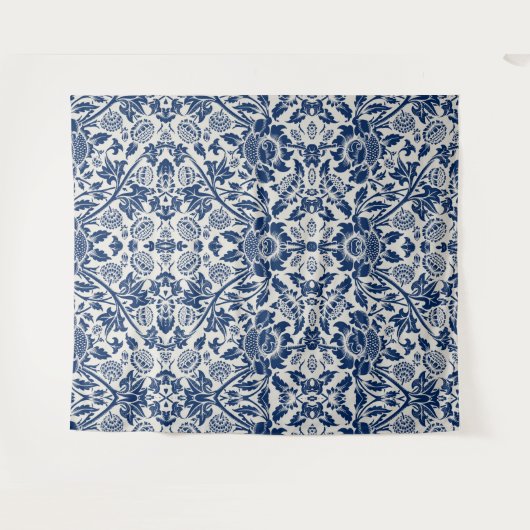Intricate blue floral pattern on light background タペストリー (正面(横))