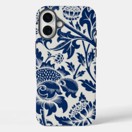 Intricate blue floral pattern on light background iPhone 16 plusケース