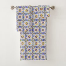 intricate blue, yellow, & white geometric pattern 