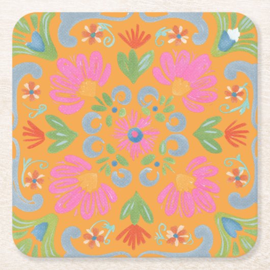 Intricate Detailed Vibrant Floral Summer スクエアペーパーコースター (正面)