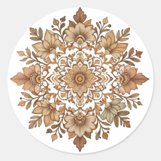 Intricate Mandala Floral Brown Tones Art ラウンドシール (正面)