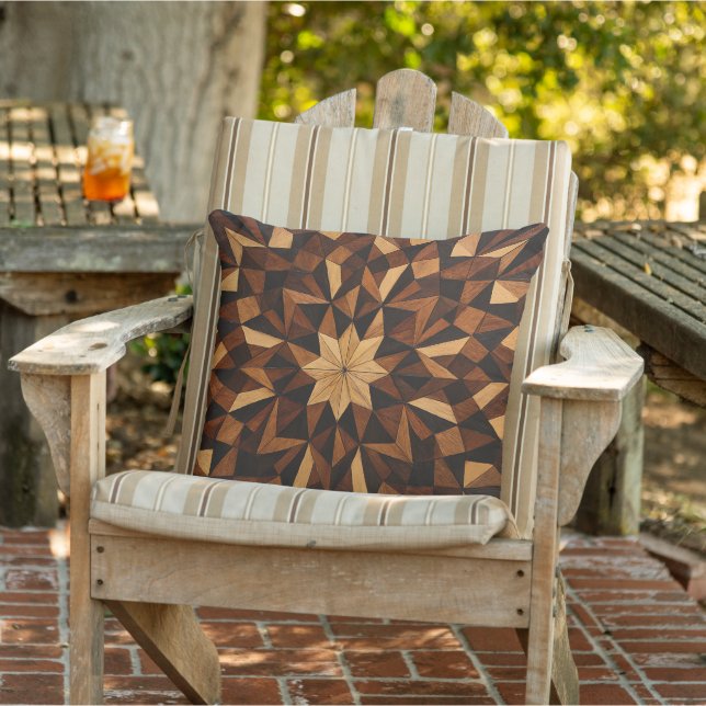 "Intricate Marquetry Geometric Wood Throw Pillow" アウトドアクッション (椅子)