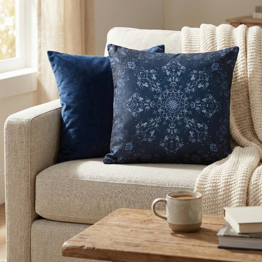Intricate Navy Blue Mandala Snowflake クッション