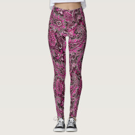 Intricate Paisley in Vibrant Pinks on Black  レギンス